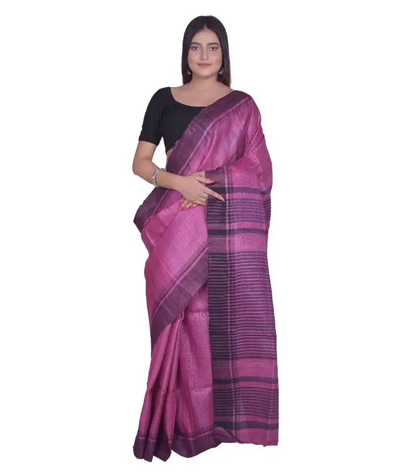 Handcrafted pink shade tussar ghicha silk saree