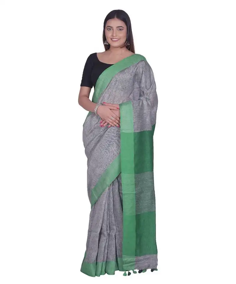 Handcrafted grey linen saree with contrast green border