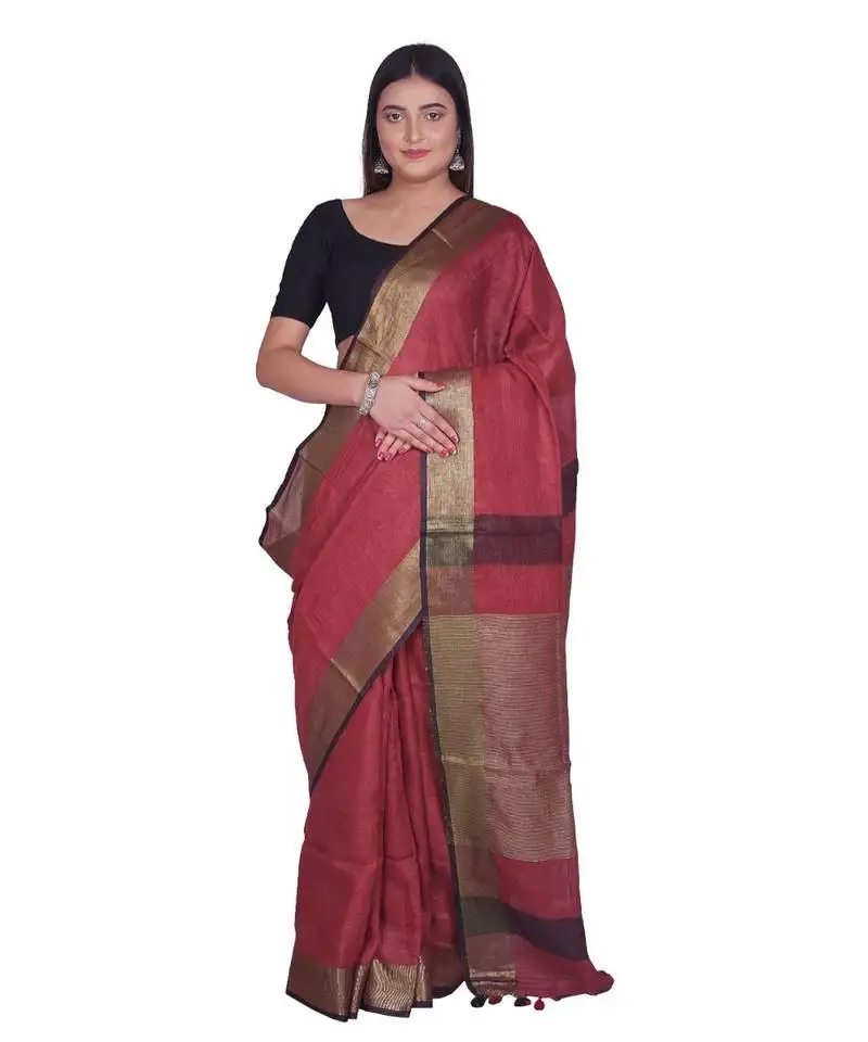 Handcrafted dark maroon shade linen saree with golden zari border