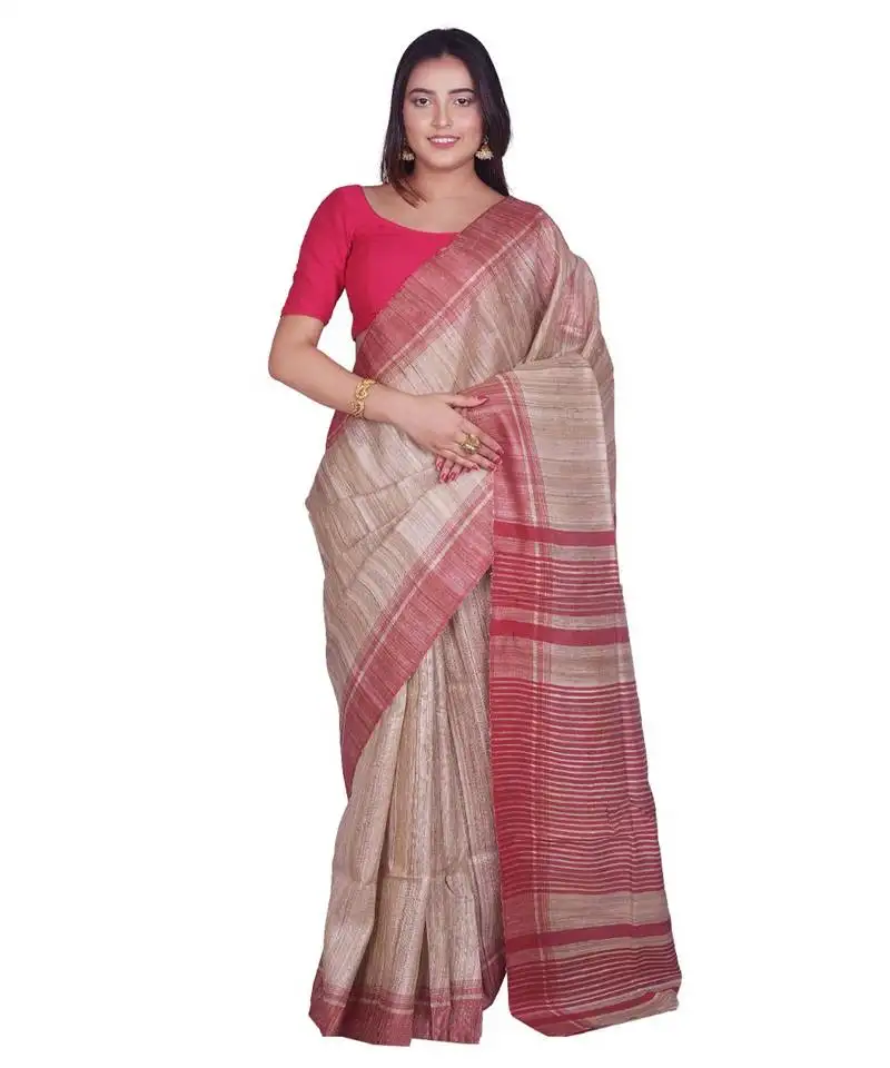 Handcrafted tussar ghicha silk with red border