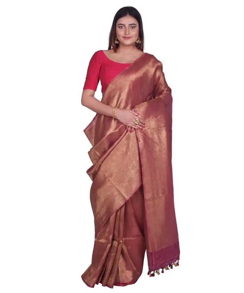 Handcrafted maroon golden shade linen zari saree