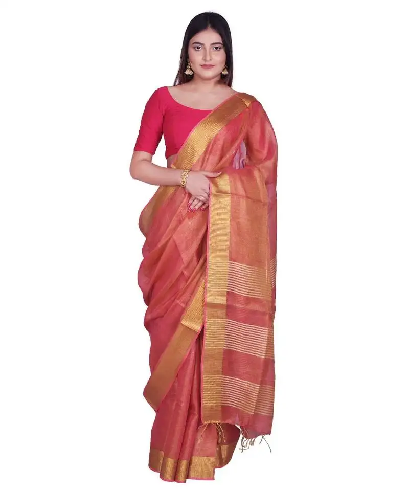 Handcrafted carrot golden shade tissue linen saree