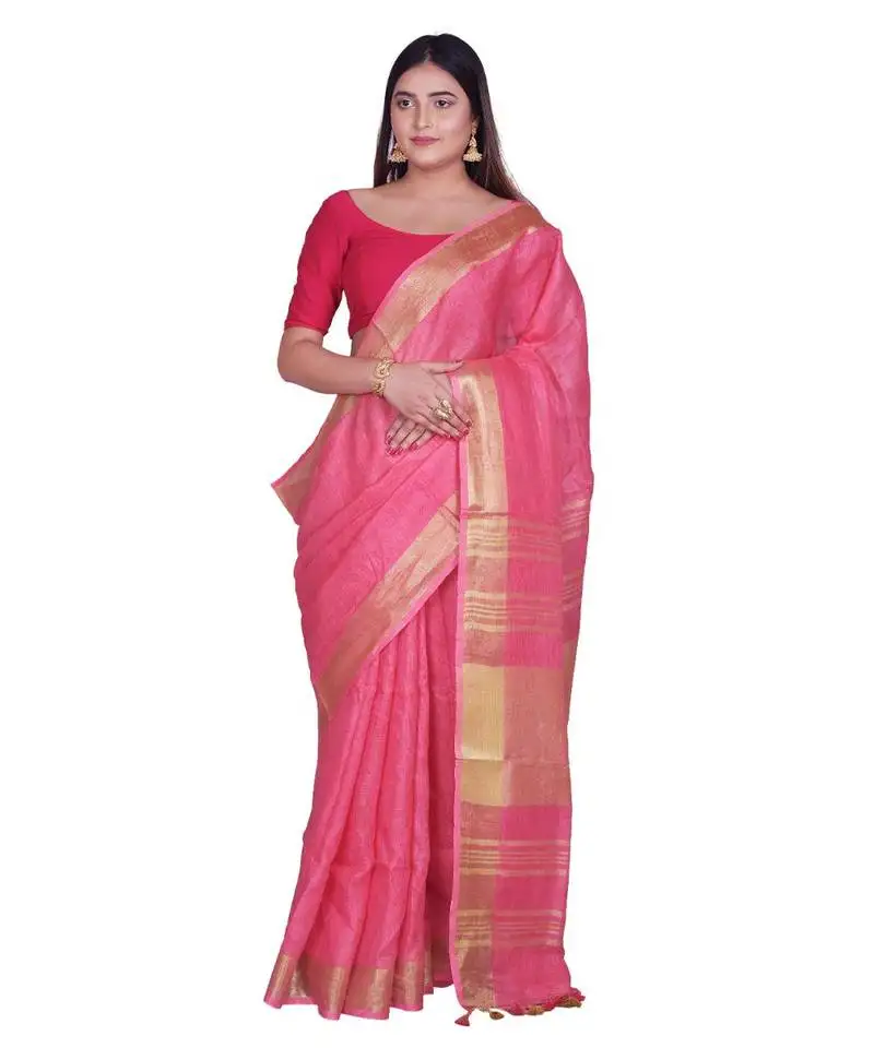 Handcrafted pink shade linen saree with golden zari border