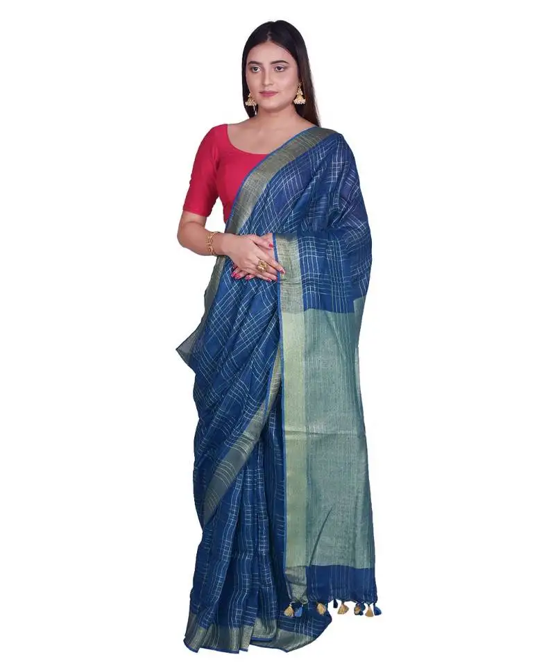 Handcrafted blue shade linen saree with checkered zari pattern