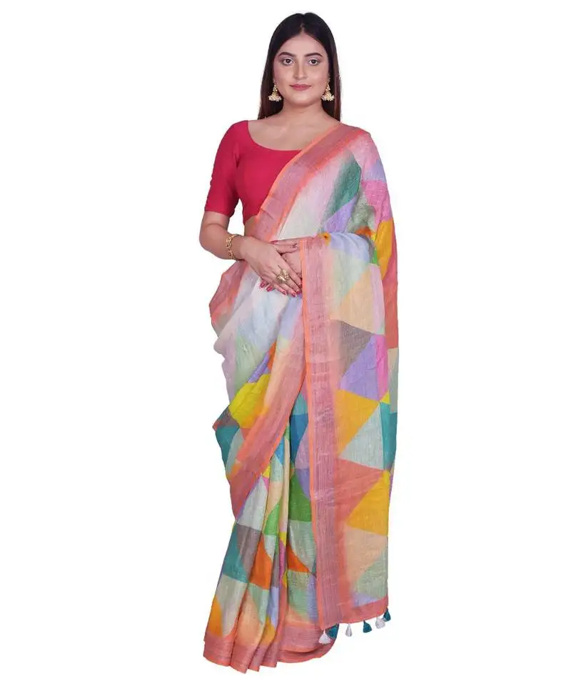 Handcrafted multicolor digital print linen saree