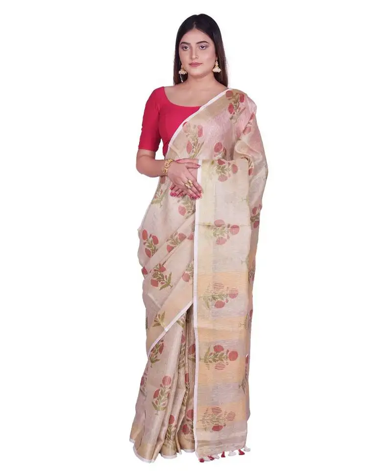 Handcrafted cream shade digital print tissue linen saree