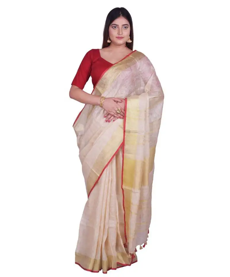 Handcrafted cream linen saree with golden zari border