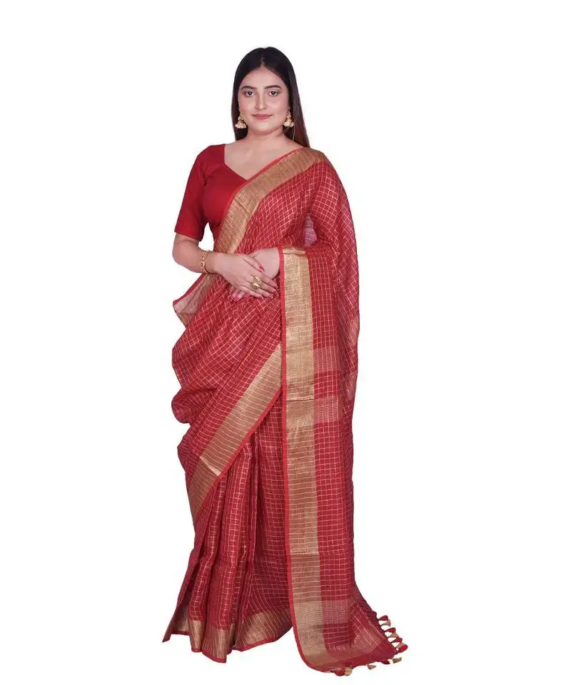 Handcrafted red shade linen saree with checkered zari pattern