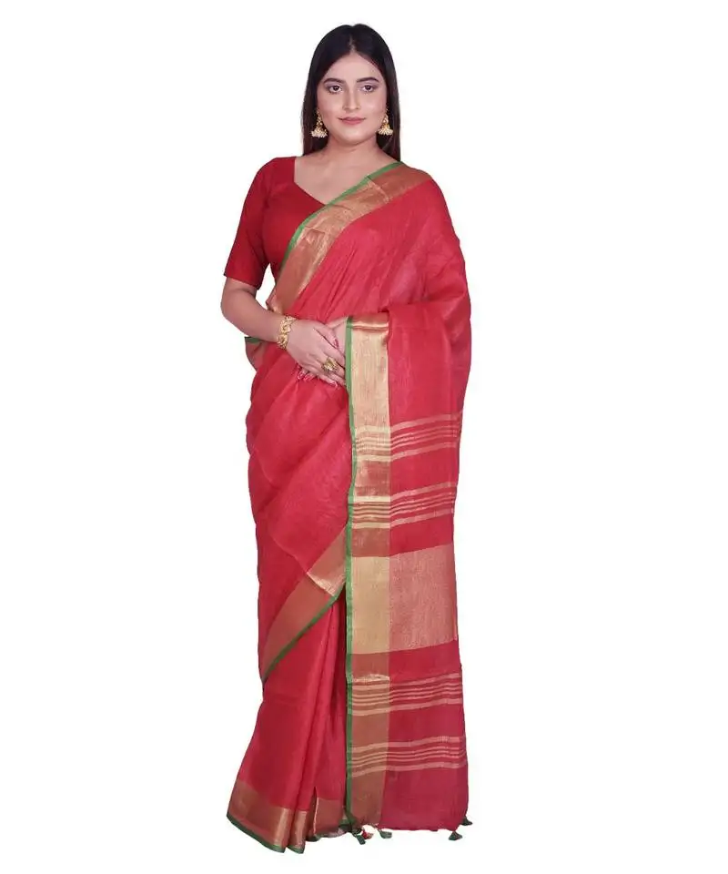 Handcrafted red shade linen saree with golden zari border