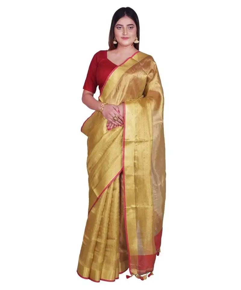 Handcrafted golden tissue linen saree