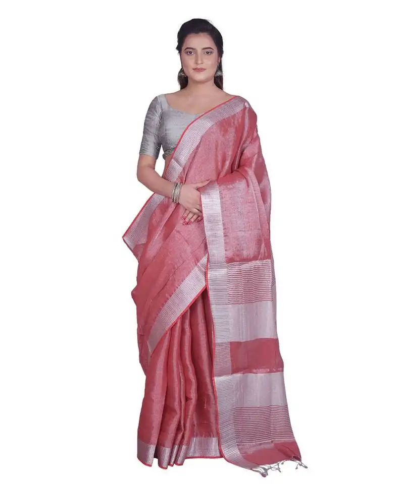 Handcrafted tomato tissue linen saree with silver zari border