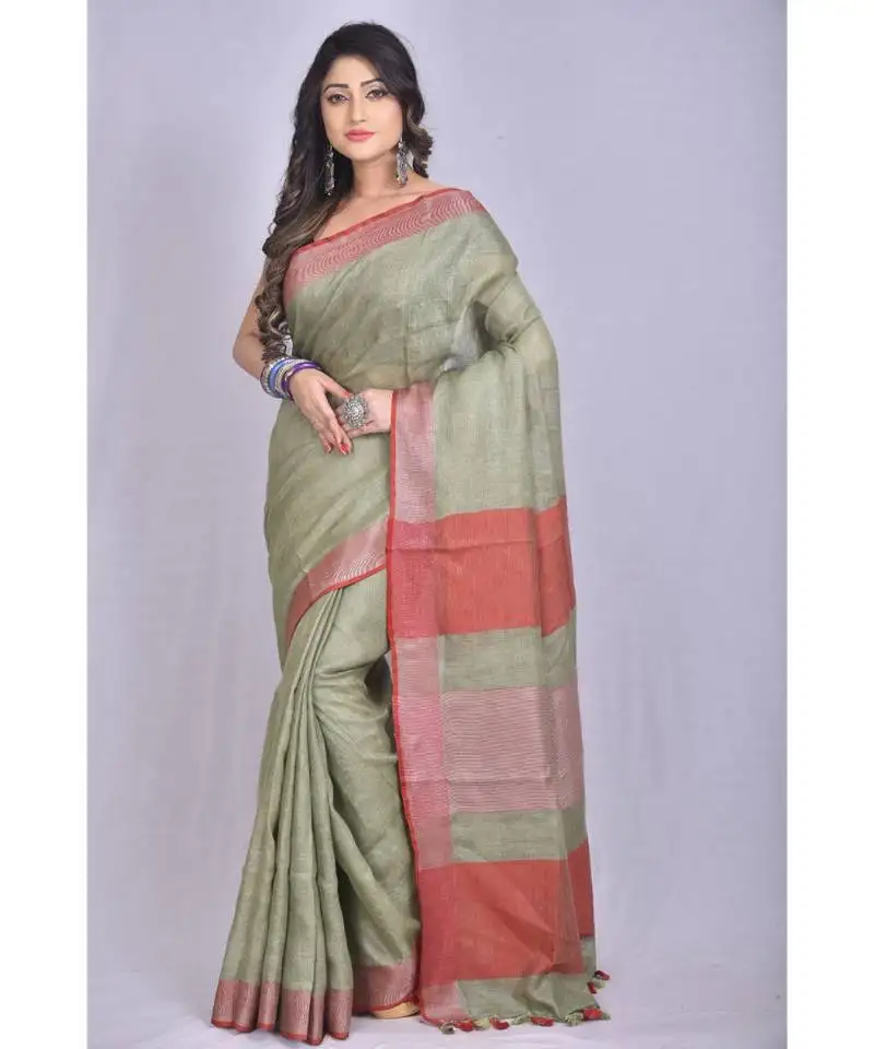 Ash beige shade linen saree with blouse
