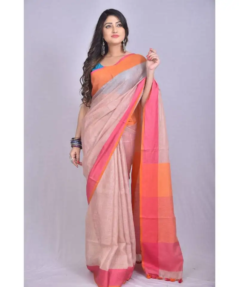 Beige linen saree with blouse with contrast border