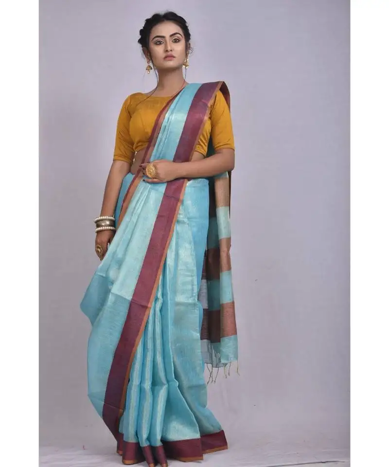 Blue tissue linen saree with blouse with contrast border