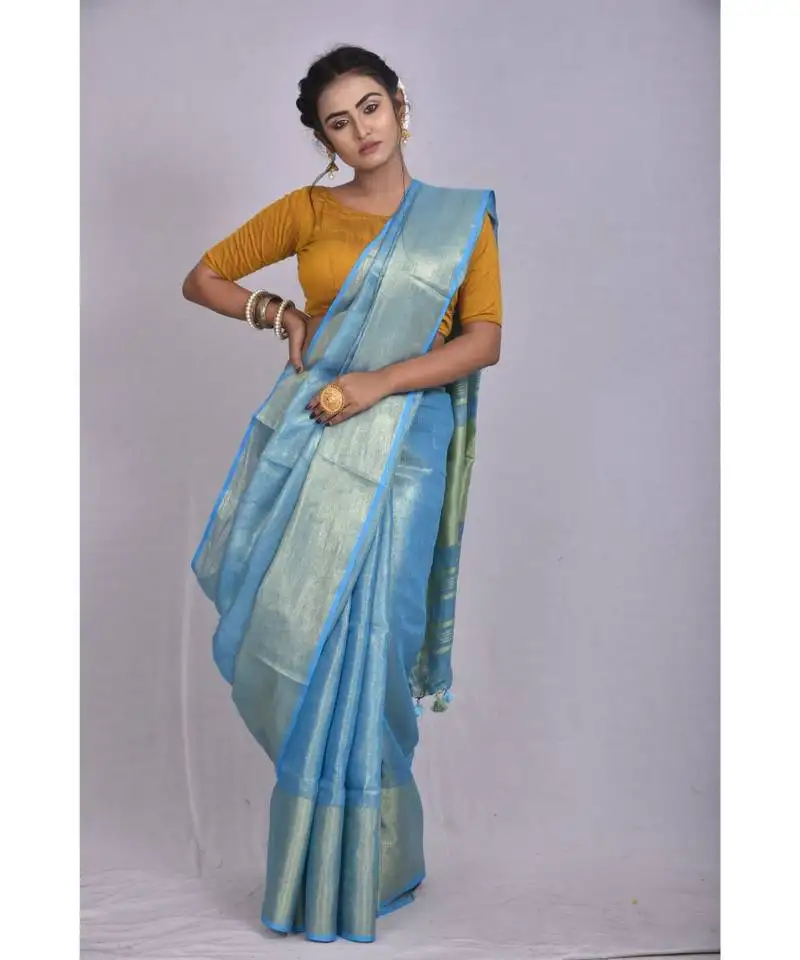 Blue tissue linen saree with blouse with broad zari border
