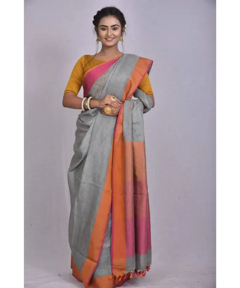 Grey linen saree with blouse with contrast border