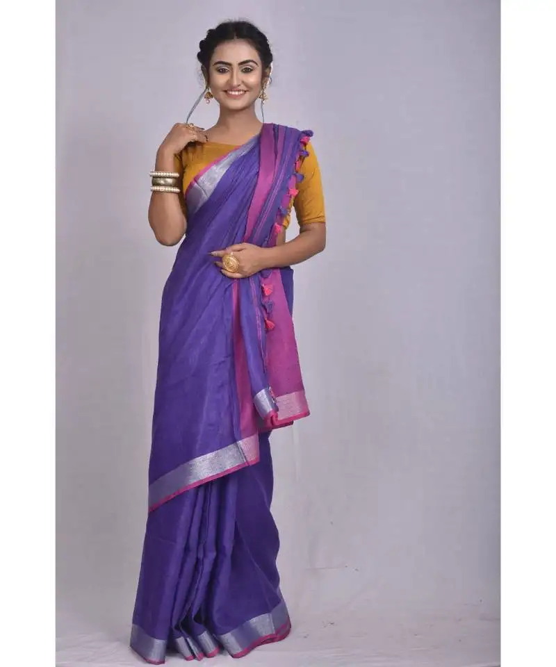 Indigo blue linen saree with blouse with zari border