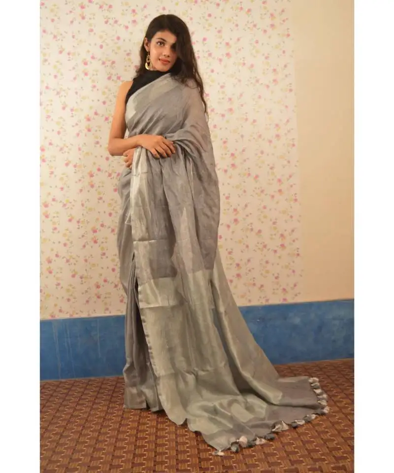 Grey tissue linen saree with blouse