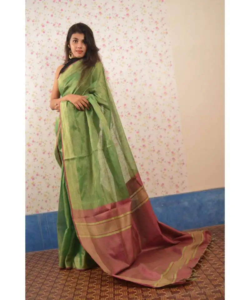 Green tissue linen saree with blouse