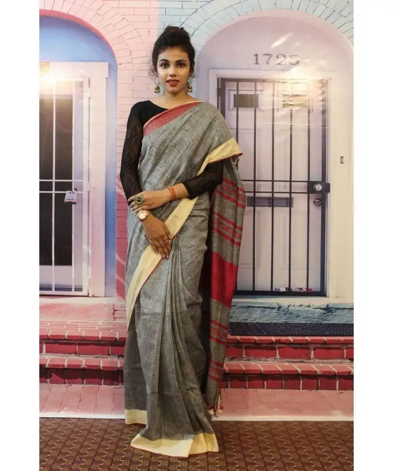 Grey linen saree with blouse