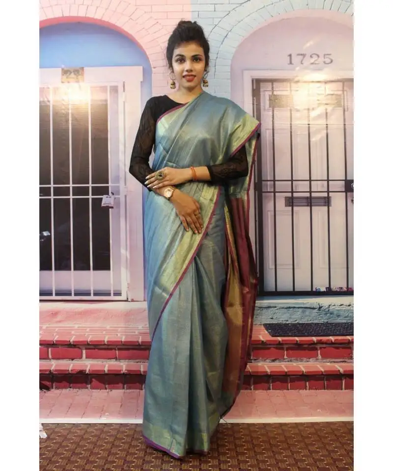 Blue tissue linen saree with blouse
