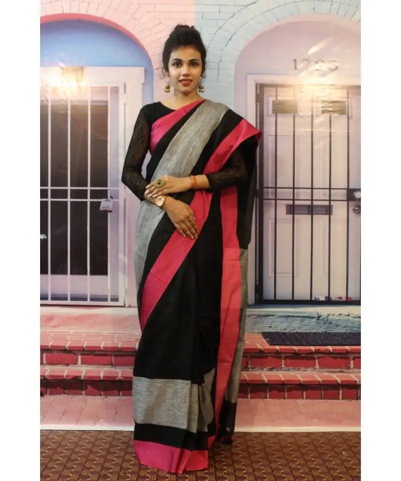 Black linen saree with blouse with grey and pink pattern