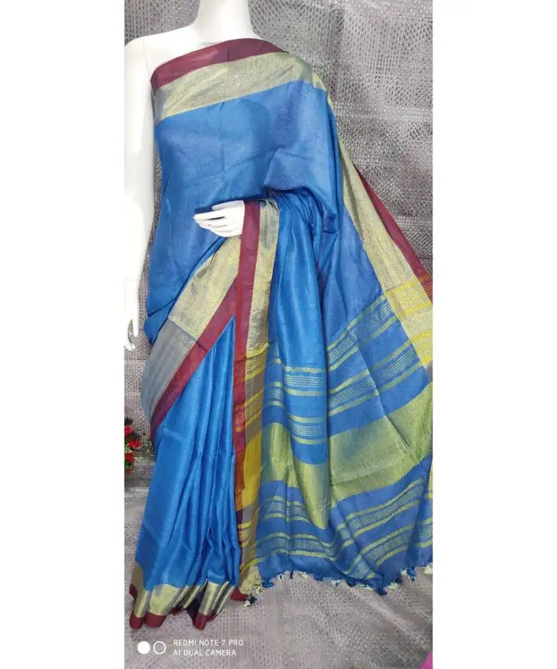 Blue linen saree with blouse with broad zari border
