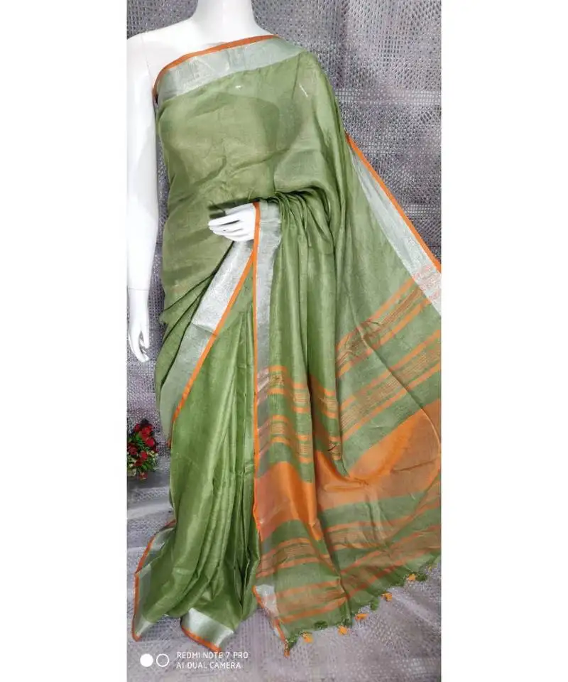 Green shade linen saree with blouse with zari border