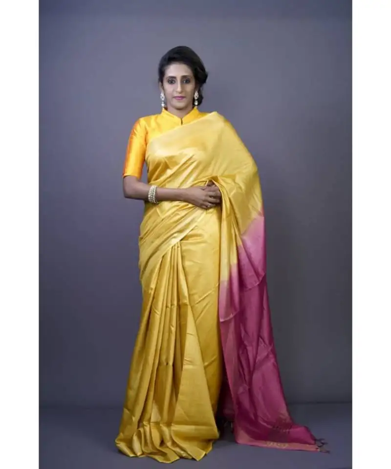 Yellow shade tussar moonga silk saree with blouse with contrast pallu