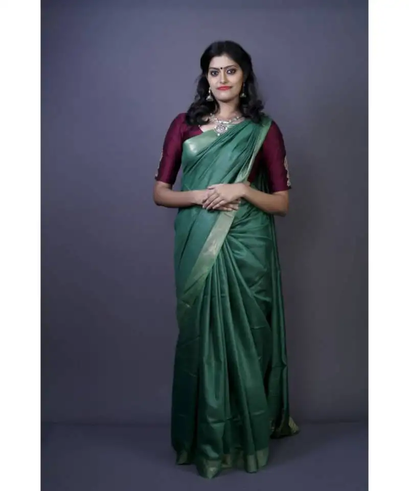 Green shade tussar moonga silk saree with blouse