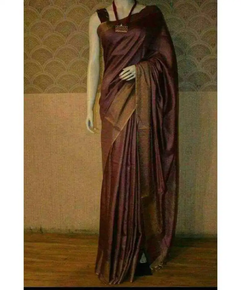 Dark wine shade tussar moonga silk saree with blouse