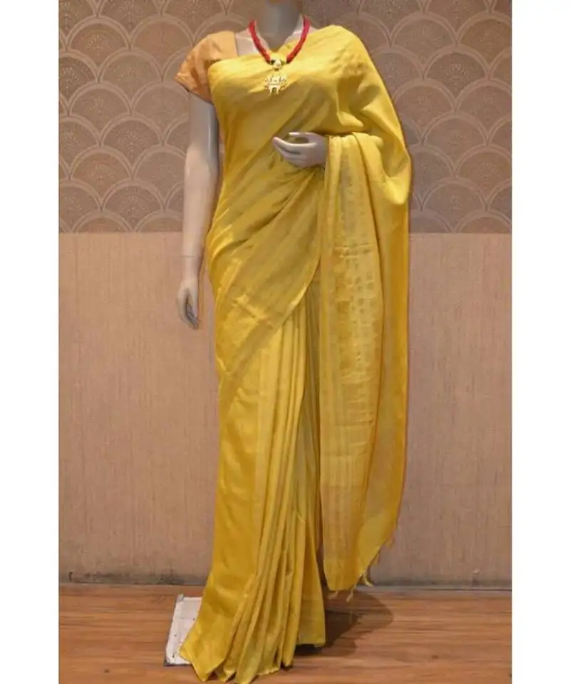 Yellow shade tussar moonga silk saree with blouse