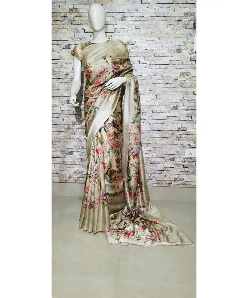 Creamish beige floral print tussar moonga silk saree with blouse