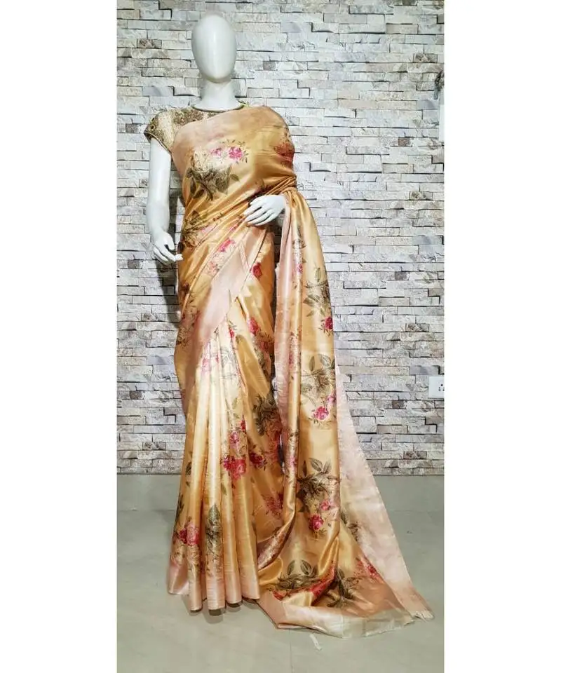 Beige floral print tussar moonga silk saree with blouse