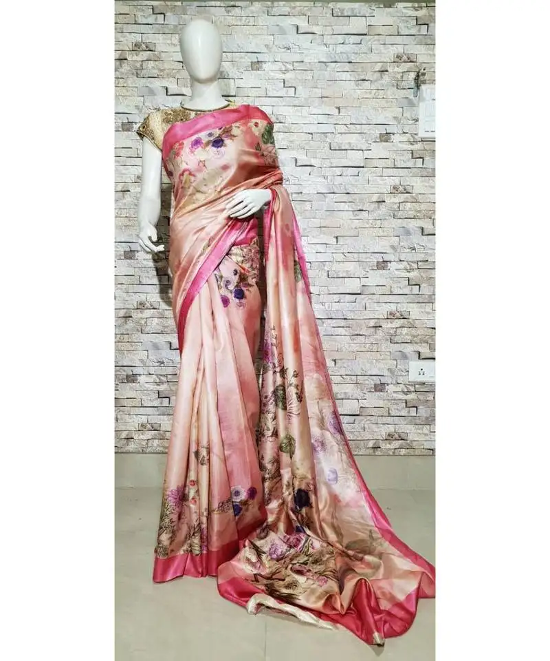 Pink shade floral print tussar moonga silk saree with blouse