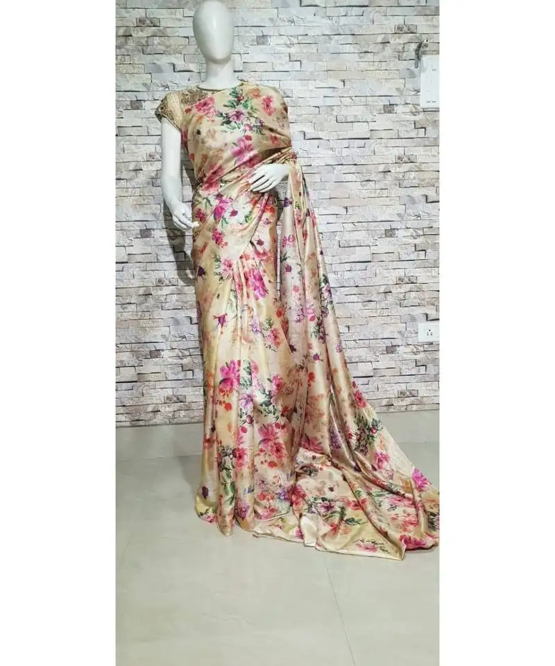 Cream shade floral print tussar moonga silk saree with blouse