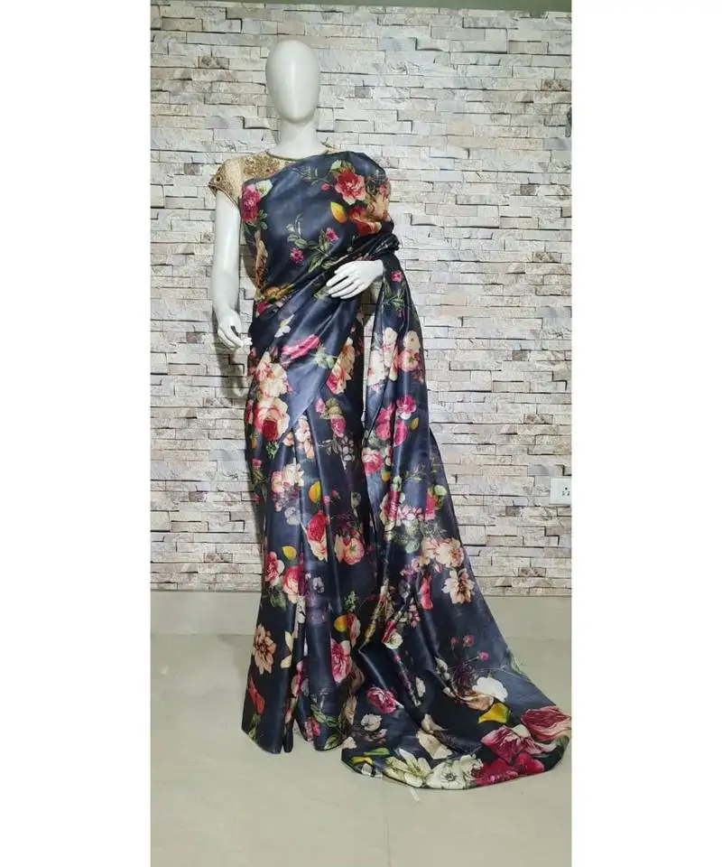 Black floral print tussar moonga silk saree with blouse