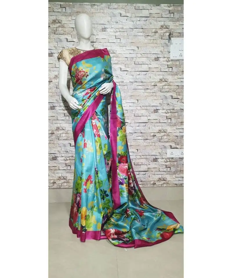 Blue shade floral print tussar moonga silk saree with blouse