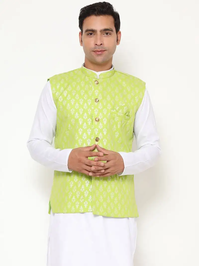 Green nehru jacket with golden floral motif accents.