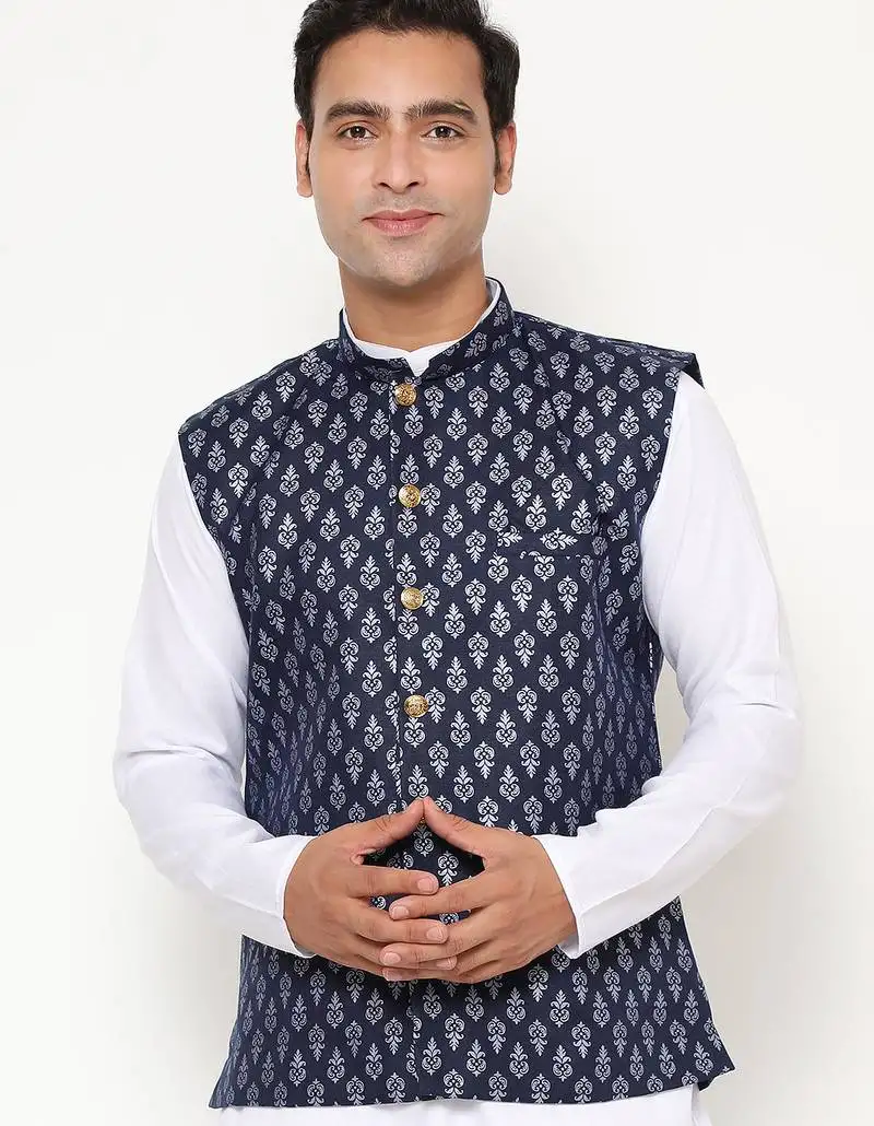 Navy blue nehru jacket with golden floral motif accents.