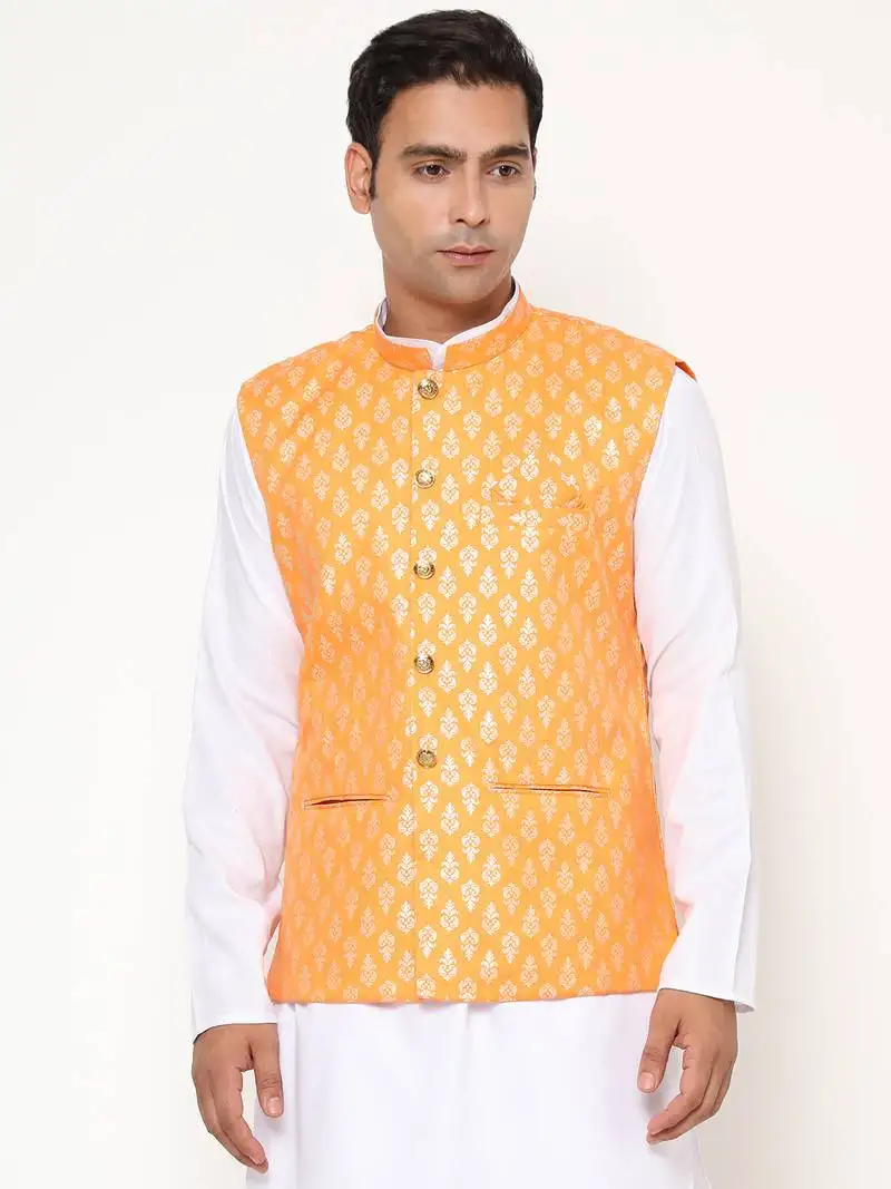 Orange nehru jacket with golden floral motif accents.