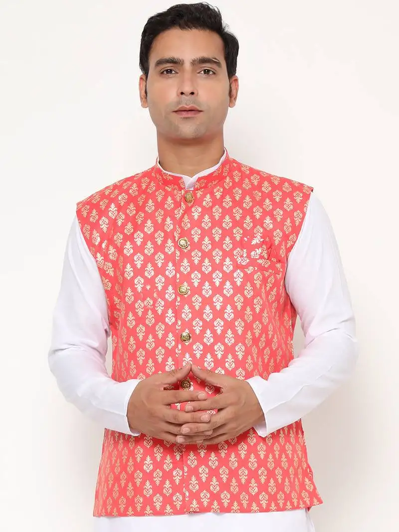 Peach nehru jacket with golden floral motif accents.