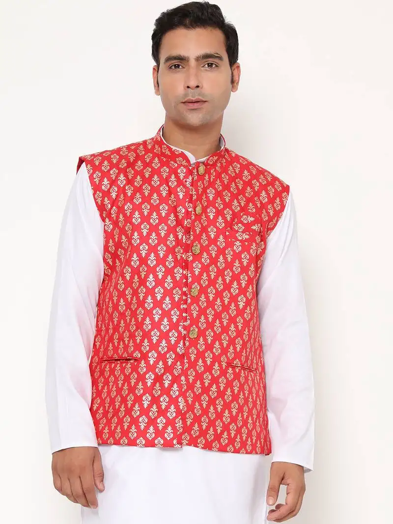 Red nehru jacket with golden floral motif accents.