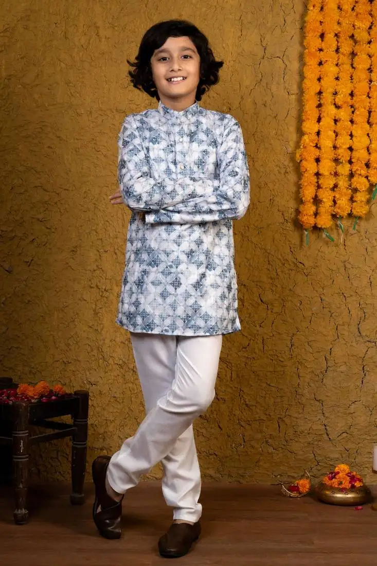 Boys blue rayon diamond motifs embroidered printed kurta pyjama set