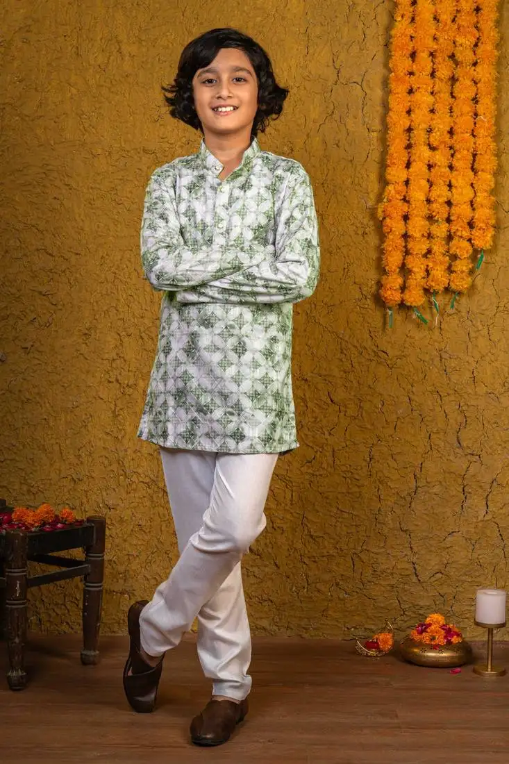 Boys green rayon diamond motifs embroidered printed kurta pyjama set