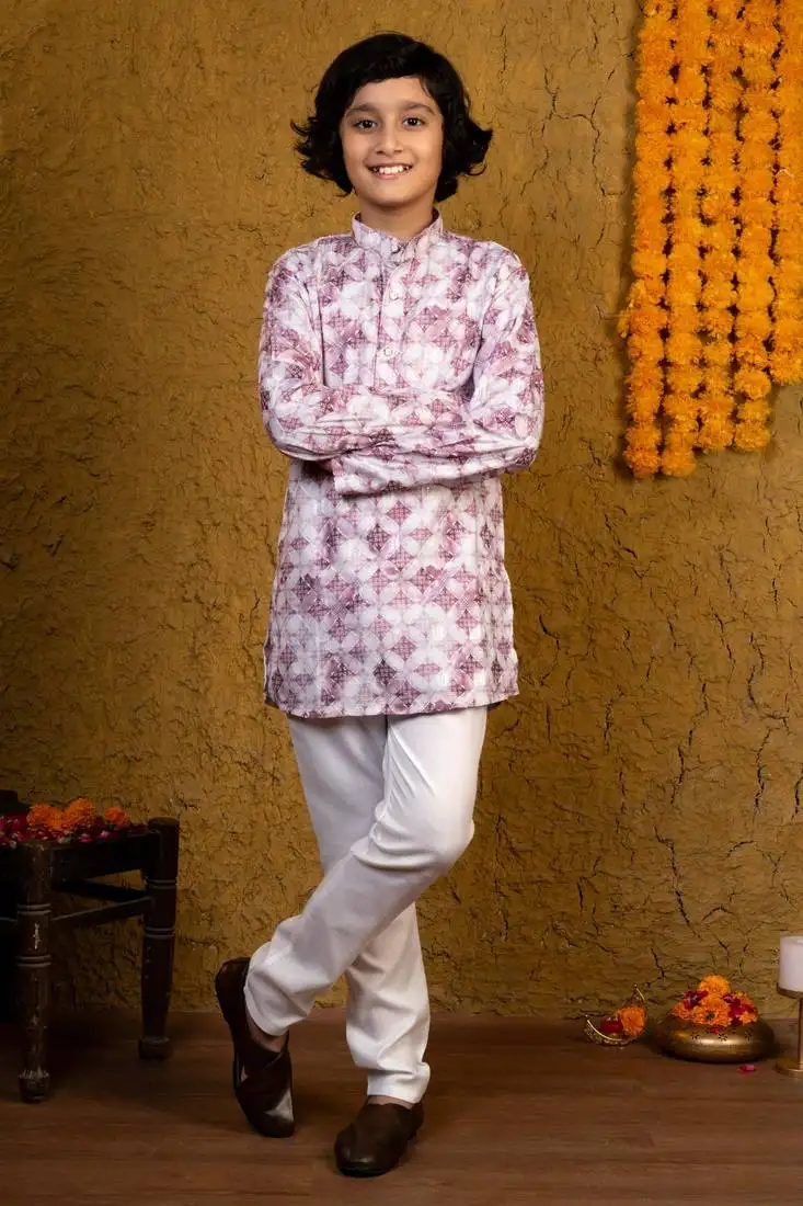 Boys lilac rayon diamond motifs embroidered printed kurta pyjama set