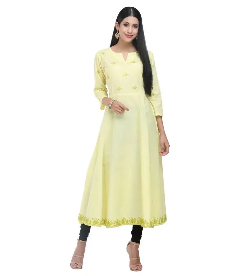 Yellow cotton flared kurta set