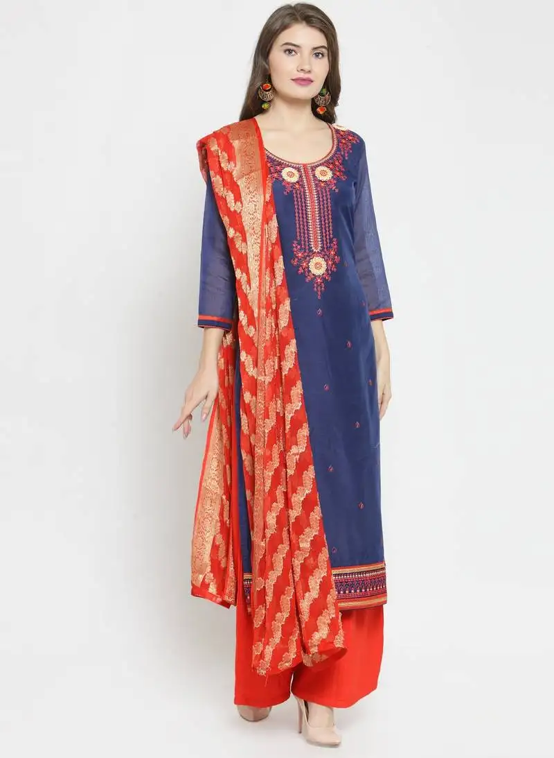 Navy blue & red embroidery with velvet work unstitched salwar with dupatta