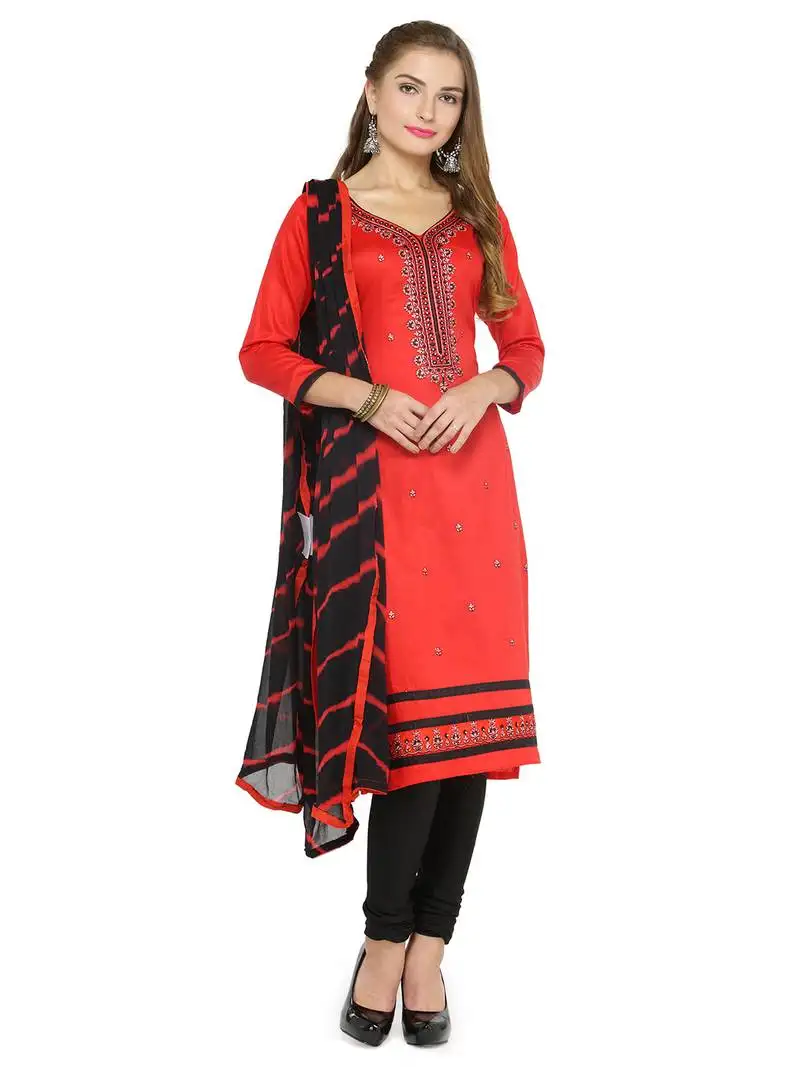Red embroidery unstitched salwar with dupatta