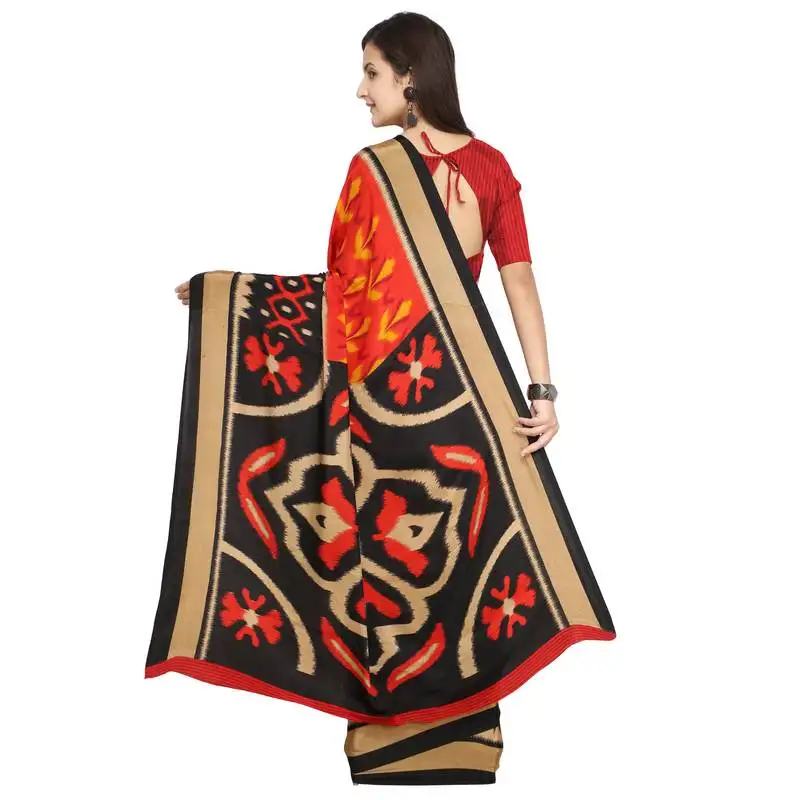 Red & multi abstract print crepe saree with blouse pics